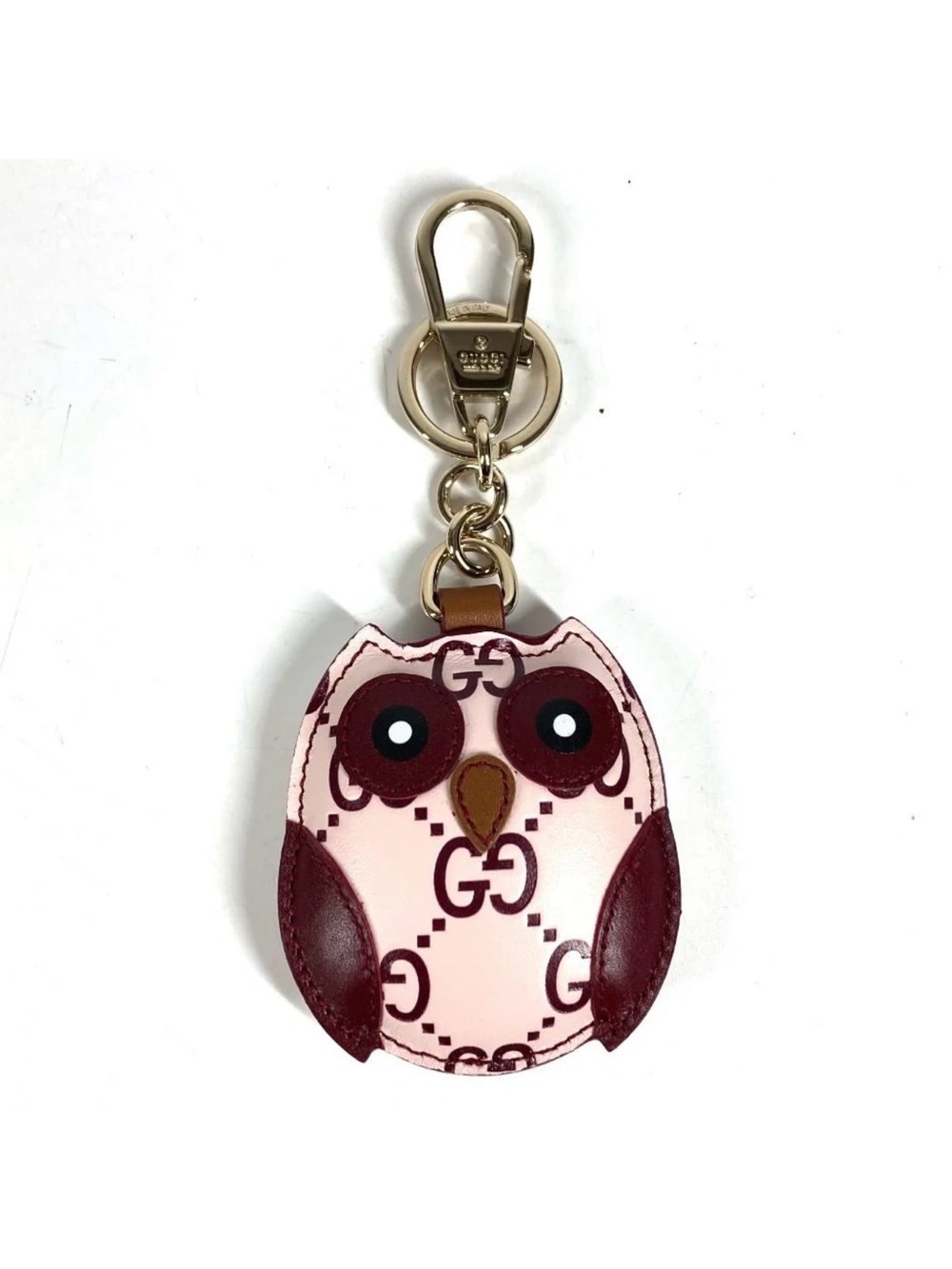🦉 New Gucci GG Owl leather keychain, bag charm, light pink burgundy